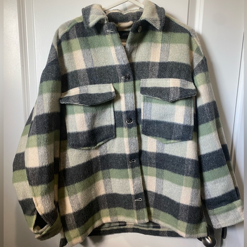 NEW NWOT ZARA PLAID OVER SHIRT SHACKET FLANNEL JACKET OVERSIZED SZ XS